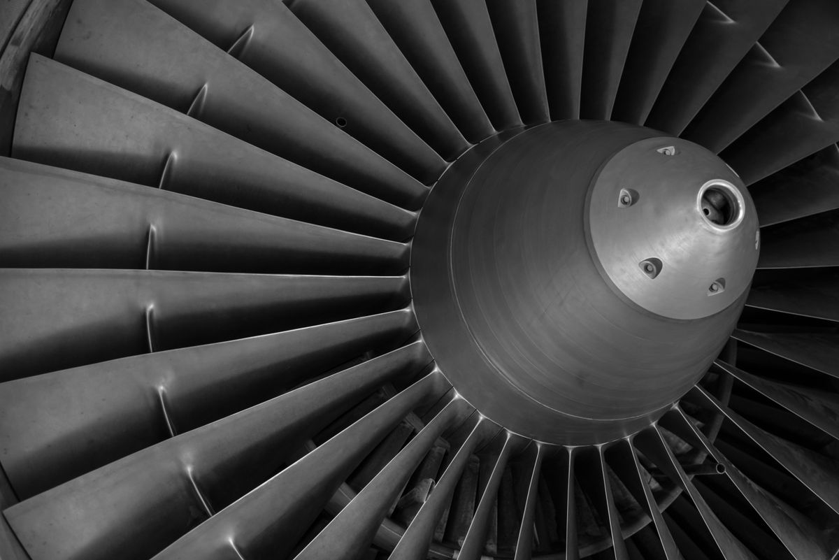 Close view of an aircraft turbine engine